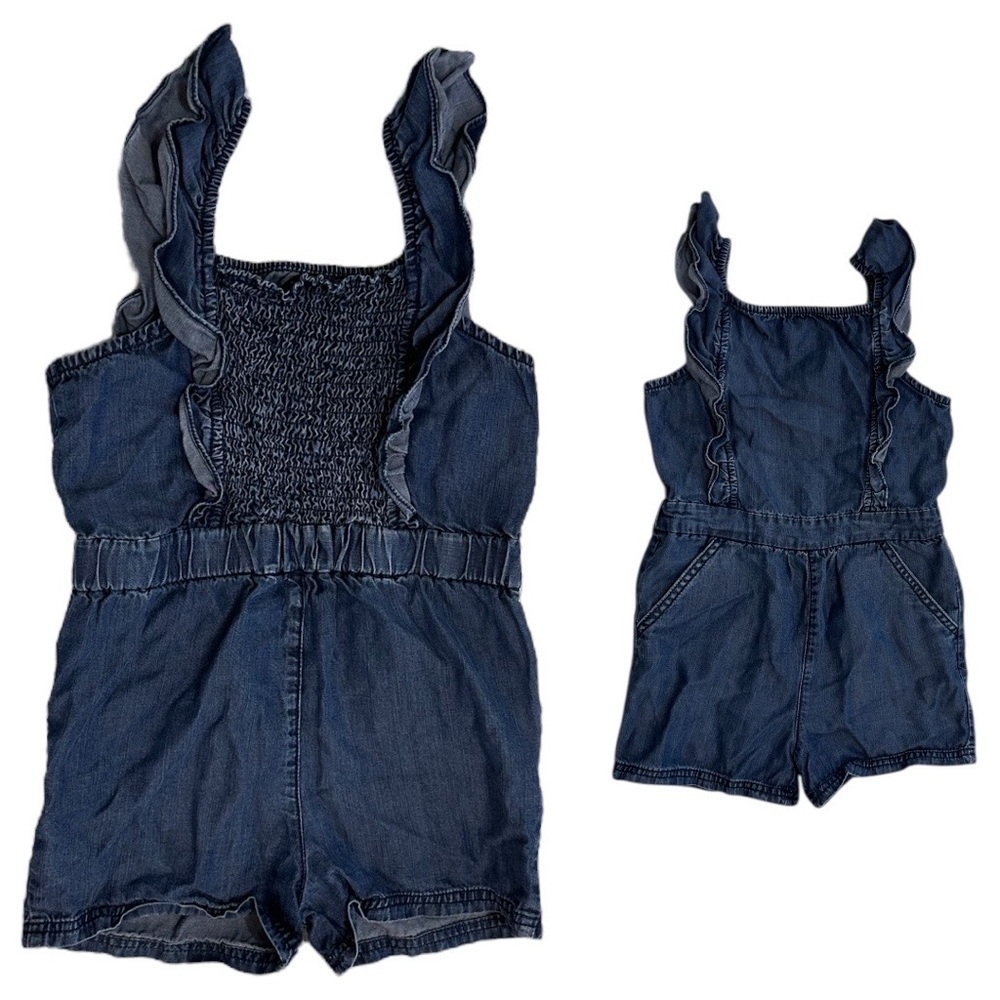 Vintage OshKosh B'gosh Toddler Girl Blue Denim Sleeveless Ruffle Smocked Romper